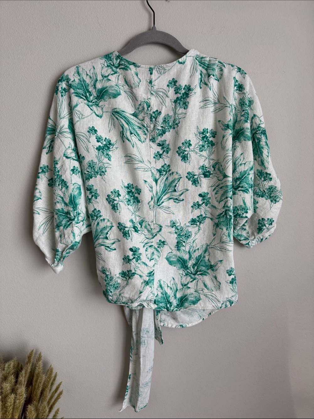 Zara Botanical Wrap Blouse XS Oversized Green Floral Linen Blend Top Cottagecore - Picture 8 of 11